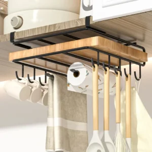 Kitchen Hanging Organizer Rack with Hooks Under Cupboard Paper Towel Rags Hanger Cutting Board Pot Cover Holder Storage Shelf